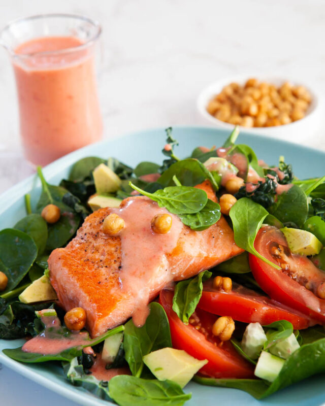 salmon salad plate lunch meal chickpeas dressing