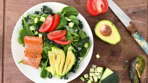 veggie salad with salmon avocado