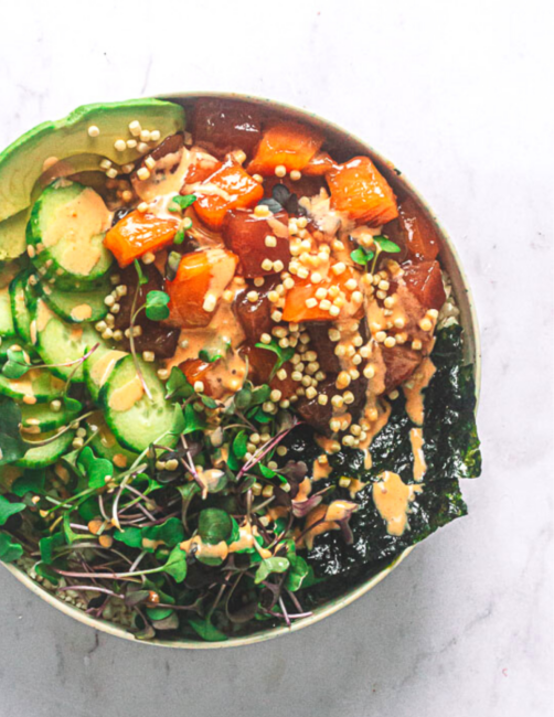 Spicy Mayo dressing drizzled over buddha bowl