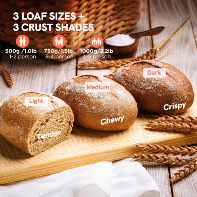 Involly 15-in-1-Bread Maker different loaf sizes and crust shades