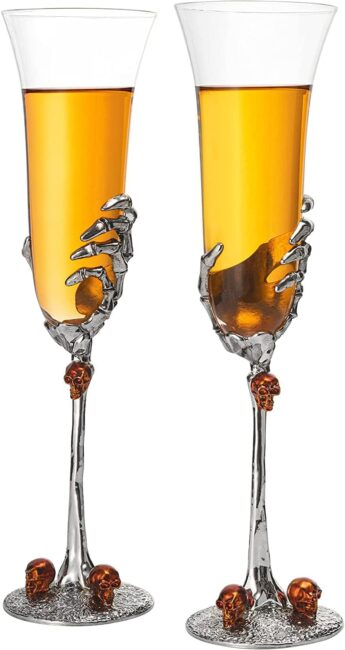 The Wine Savant Stemmed Skeleton Champagne Glasses Set of 4 7oz Skeleton Glasses 9" H, Goth Gifts, Skeleton Gifts, Skeleton Decor, Spooky Wine, Water or Champagne Gift Set, Champagne Glasses