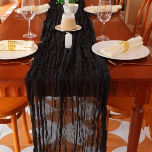 Snowkingdom 13Ft Black Cheesecloth Table Runner, 160inch Long Cheese Cloth Boho Gauze Table Runner for Wedding Bridal Baby Shower Birthday Holiday Party Sheer Halloween Table Decorations