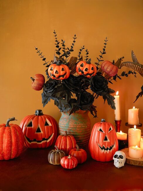 Anna's Whimsy 10PCS Halloween Decor Artificial Flowers Black Roses with Pumpkins, Halloween Table Centerpiece for Dining Kitchen Living Room Bedroom Front Door, Silk Flowers Bouquet Indoor Outdoor