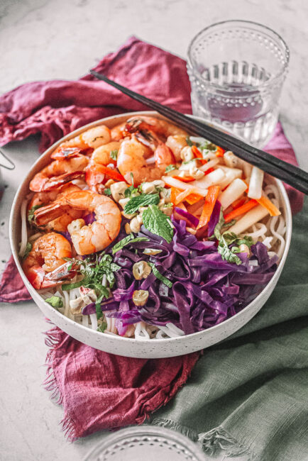 Vietnamese Shrimp Noodle Bowl with chopsticks and water