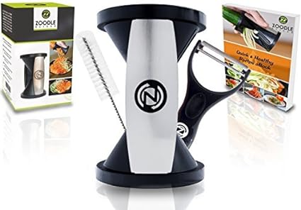 Zoodle Slicer set including the main spiralizer device in white and black, a peeler, and a recipe book, all displayed against a white background.