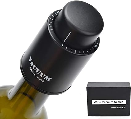Black wine vacuum sealer with dial markings, placed on top of a wine bottle. A labeled box reading 'Wine Vacuum Sealer - Sunwum' is displayed beside it.