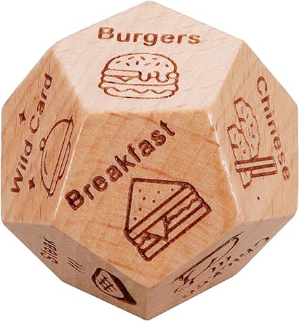 Wooden decision dice showcasing various meal options engraved on each side, including 'Burgers', 'Breakfast', 'Chinese', and a playful 'Wild Card' option.