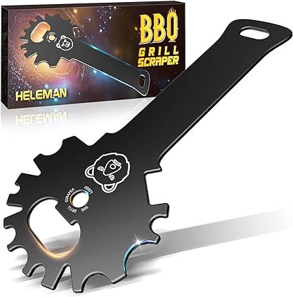 HELEMAN BBQ Grill Scraper with multiple cleaning notches, accompanied by its packaging that displays a fiery design and the brand name.