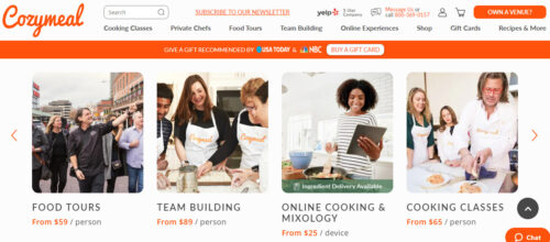 A collage from Cozymeal's website showcasing diverse culinary experiences. On the left, a group of people enjoy a food tour in an urban setting with a chef guiding them. The center-left shows a cheerful woman wearing a white apron with the Cozymeal logo, preparing a dish alongside two others. The center-right displays a young woman with curly hair using a tablet in a modern kitchen, indicating online cooking sessions.