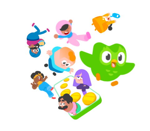 Playful and colorful Duolingo characters interacting with a smartphone, including the signature green owl mascot and other animated figures.