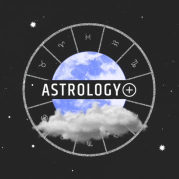 Circular logo for Astrology+ showcasing zodiac symbols with a blue moon in the center, surrounded by clouds and stars on a dark background.
