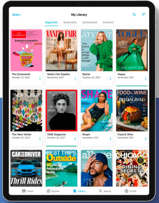 Digital library screen from Zinio showcasing an assortment of magazines like 'The Economist', 'Vanity Fair', and 'TIME' on a tablet display.