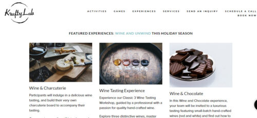 KraftyLab's website showcasing three of their featured virtual experiences: 'Wine & Charcuterie' with a glass of red wine next to a charcuterie board, 'Wine Tasting Experience' displaying three wine glasses filled with different wines, and 'Wine & Chocolate' showing a dish of dark chocolate chunks.