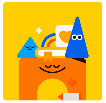 Colorful Headspace graphic with triangle characters, smiling, and surrounding a content square character, symbolizing joy and calm.