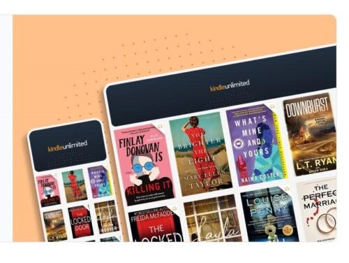 Digital display showcasing a variety of book covers available on Kindle Unlimited, including titles like 'Finlay Donovan Is Killing It' and 'Brighter by Night', set against an orange and blue gradient background.
