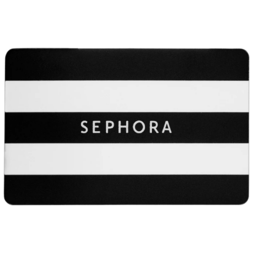 A chic black and white striped Sephora Gift Card, accentuated with the elegant white Sephora logo at its center, encapsulating the allure and sophistication of the beauty world.