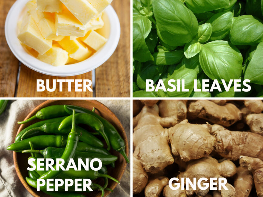 Thai Inspired Butter Ingredients with butter basil serrano pepper and ginger
