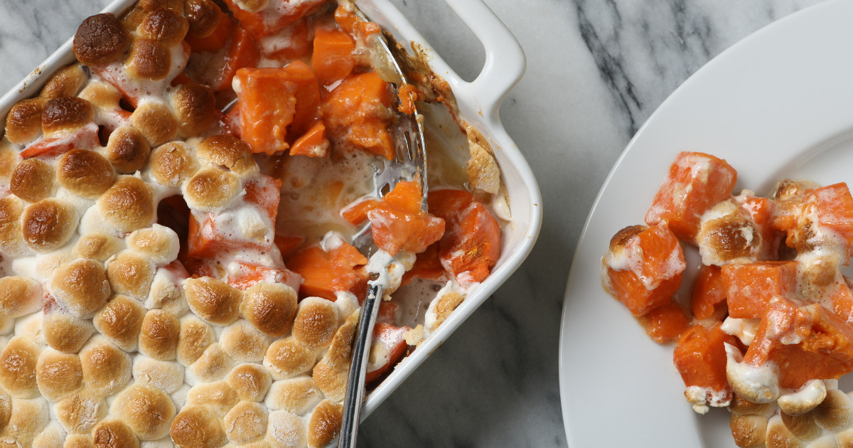 Sweet potato Casserole with marshmallows in dish and plate