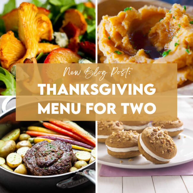 Thanksgiving Menu For Two with salad, potatoes, roast, and cookies