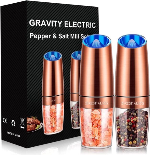 Gravity Electric Pepper and Salt Grinder Set, Adjustable Coarseness, Battery Powered with LED Light