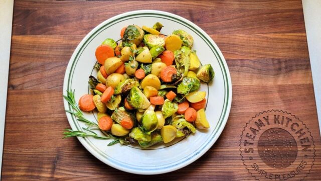 Roasted veggies on a cutting board