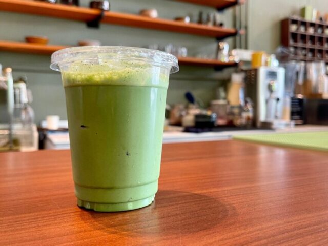 matcha latte on a counter