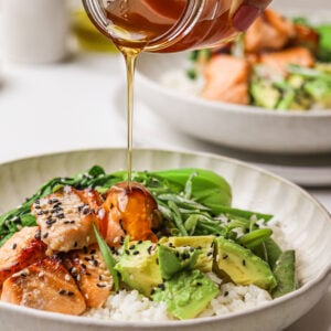 Hot Honey Salmon Bowl with honey drizzle