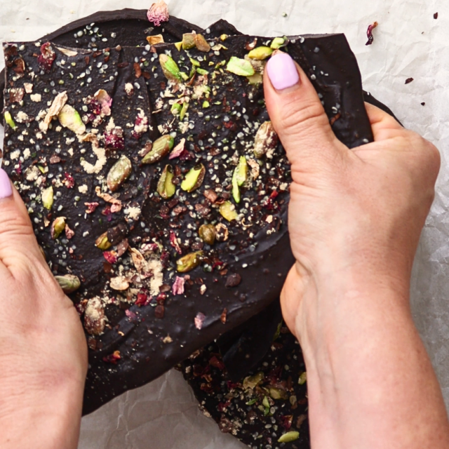 rose and maca chocolate bark break