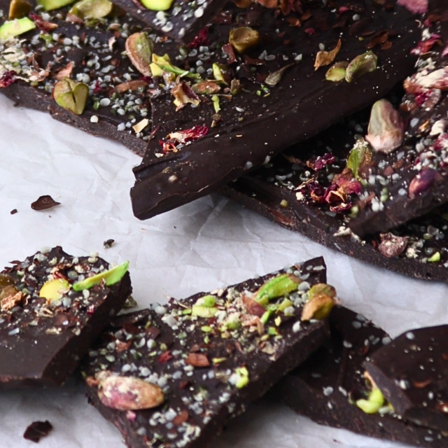 rose and maca chocolate bark close up