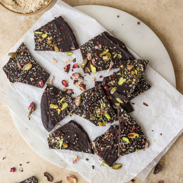 rose and maca chocolate bark on a plate