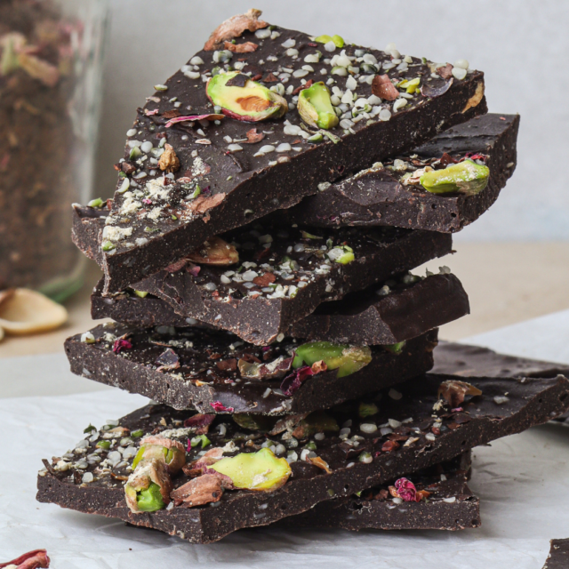 rose and maca chocolate bark stacked