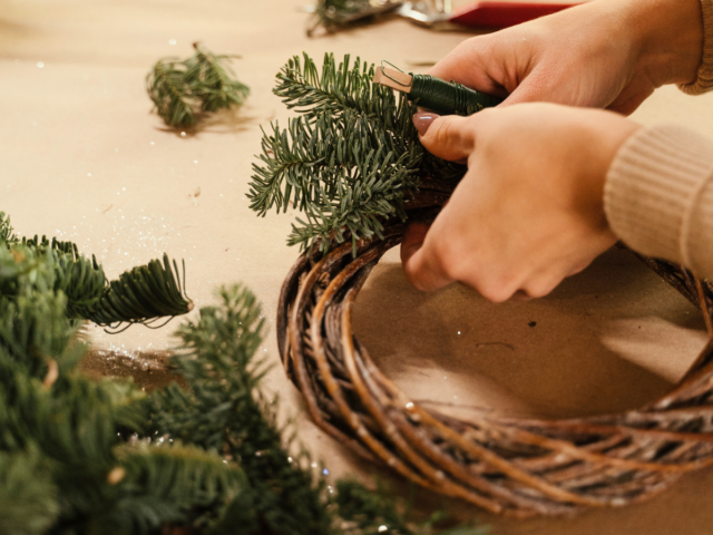 making a wreath with pine