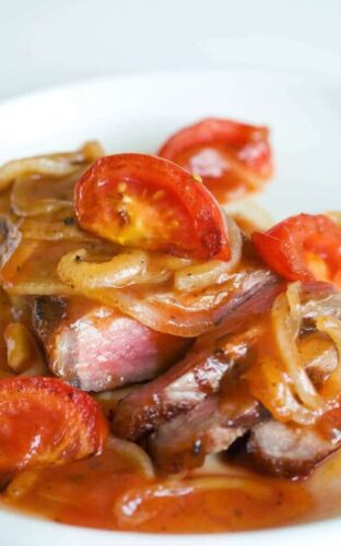 Pan Seared Steak with Sweet and Sour Tomato Onion Sauce